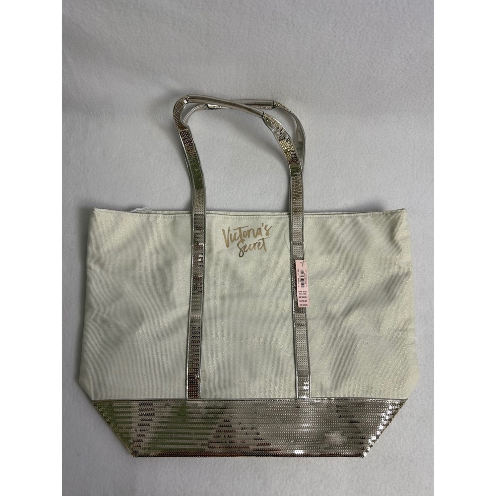 Glam Sparkle Victoria's Secret Womens OS White Silver Sequin Canvas Tote Bag